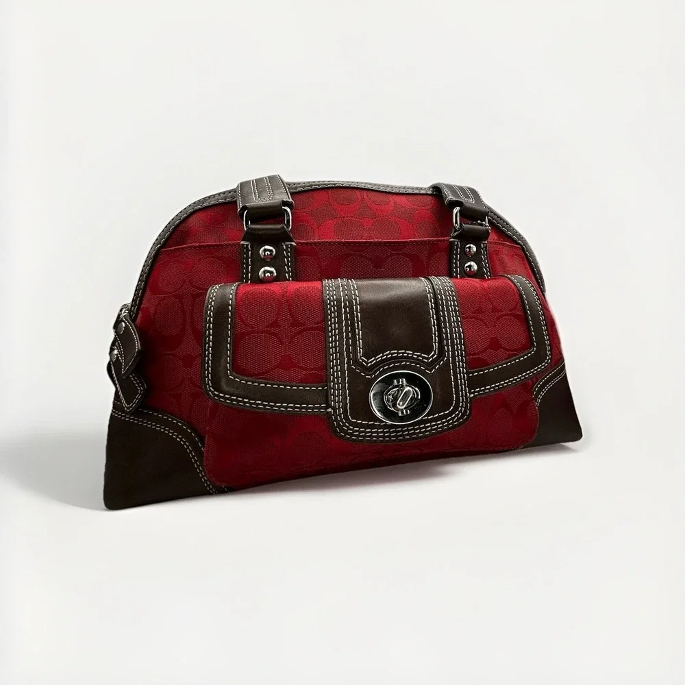 Coach Miranda Signature Red Canvas Brown Leather Satchel Bag Y2K